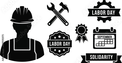 Labor Day celebration with worker silhouette, tools, calendar, and solidarity message