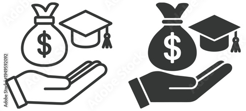 bold education credit icon with scholarship tuition symbol, modern flat vector illustration showing financial aid, student loan support, university funding concept, academic payment assistance graphic