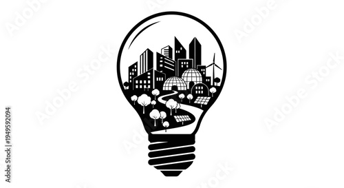 Sustainable cityscape illuminated within a light bulb, symbolizing eco-friendly urban innovation.