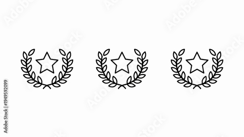 Three identical black line art icons depict a five pointed star enclosed within a circular wreath of laurel leaves high quality professional detailed modern elegant stylish