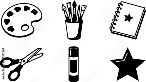 Black and white vector icons of artist palette brushes notebook scissors glue star shapes isolated on white background