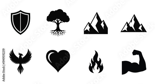 Collection of diverse symbolic icons representing strength, nature, and resilience.