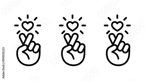 Three identical line art illustrations depict hands making a wish or crossing fingers for good luck each with a heart above high quality professional detailed modern