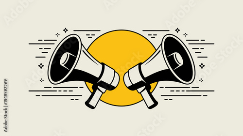 A minimalist illustration features two black megaphones flanking a bright yellow circle accented with radiating lines and stars high quality professional detailed modern elegant stylish clean
