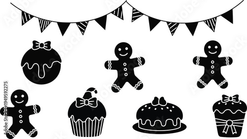 Festive holiday treats and decorations, including gingerbread men and cupcakes, perfect for winter celebrations.