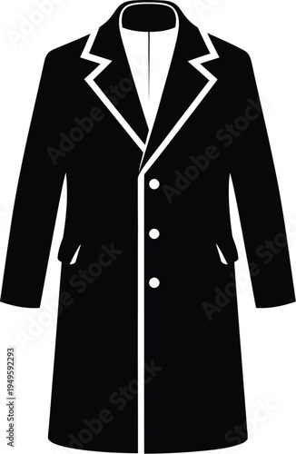 Classic black overcoat with white collar and buttons, a timeless fashion staple.