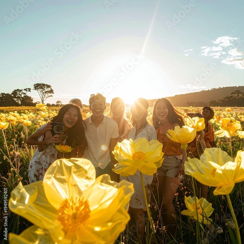 Joyful Friends Enjoying Golden Hour in a Vibrant Flower Field.