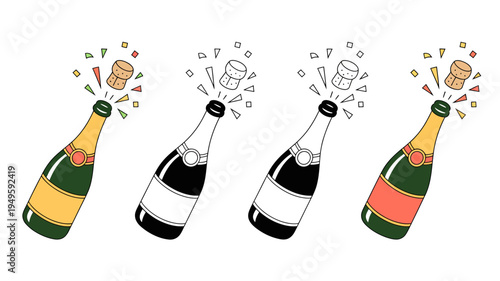 This illustration depicts four champagne bottles popping their corks showcasing variations in color and shading with celebratory sparks high quality professional detailed modern elegant stylish clean