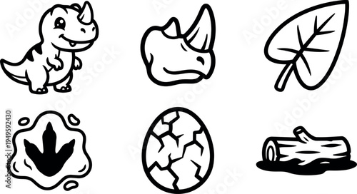 Cute cartoon baby rhinoceros standing next to horn leaf fossil footprint cracked egg and log vector set