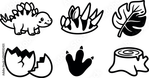Cute cartoon style stegosaurus dinosaur with spikes leaf broken egg claw and tree stump isolated black outlines