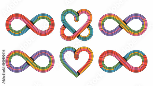 A colorful arrangement displays six interconnected symbols resembling infinity and heart shapes showcasing a vibrant and playful design high quality professional detailed modern elegant stylish clean