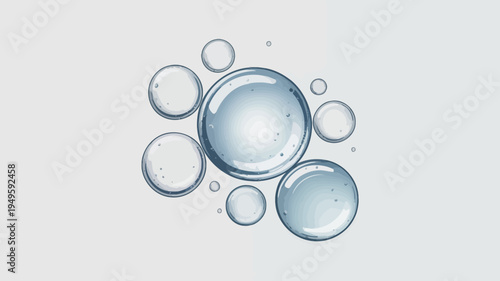 An abstract composition features a collection of translucent blue tinted bubbles of varying sizes against a soft light gray background high quality professional detailed modern elegant