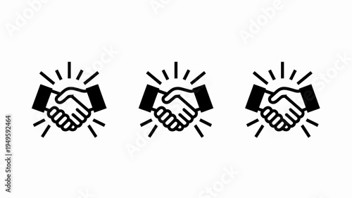 A series of three simple black and white line art illustrations depicting a handshake with radiating lines around each high quality professional detailed modern elegant stylish