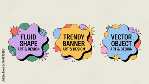Three colorful abstract banners with text overlays are displayed against a pale background showcasing a modern design aesthetic high quality professional detailed elegant stylish clean crisp