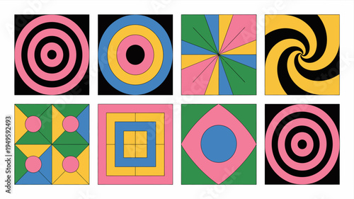 A colorful grid displays eight abstract square images featuring various geometric patterns and swirling radial designs in bright hues high quality professional detailed modern elegant stylish