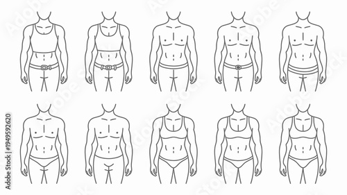 A collection of simple line drawings depicts various human body types showcasing diverse physiques and proportions for illustrative purposes high quality professional detailed modern elegant stylish