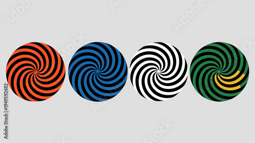 Four circular optical illusions are displayed each featuring swirling hypnotic patterns in distinct color schemes high quality professional detailed modern elegant stylish clean crisp vibrant colorful