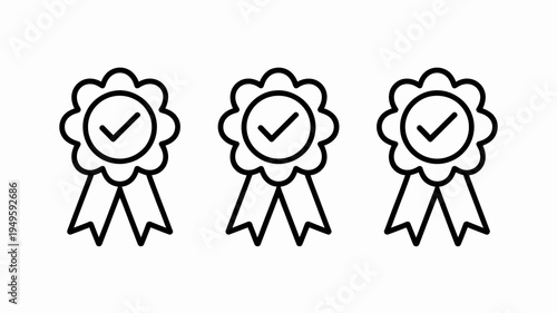 A simple black and white illustration depicts three award ribbons each featuring a centered checkmark within a decorative rosette design high quality professional detailed modern elegant