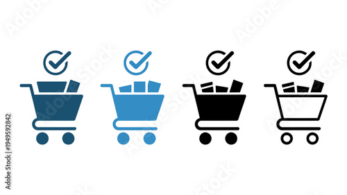 A series of shopping cart icons are displayed in varying shades of blue and black each with a checkmark symbol high quality professional detailed modern elegant