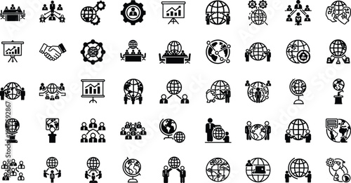 Global business icons collection, teamwork collaboration, international communication, corporate networking, data analysis, handshake agreement, charts, productivity, strategy planning