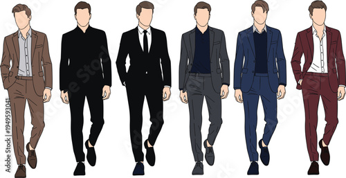 Men’s business suits illustration, professional attire, corporate fashion, formal wear, office style, leadership confidence, workplace diversity, networking
