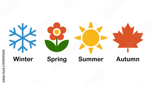 A colorful illustration depicts symbols representing the four seasons winter spring summer and autumn each clearly labeled high quality professional detailed modern elegant stylish clean crisp