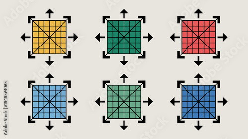 An illustration depicts six square grids each with a different color and internal line pattern surrounded by outward pointing arrows high quality professional detailed modern elegant