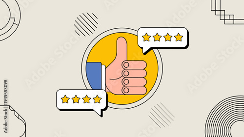 A graphic illustration depicts a positive review with a thumbs up hand and five star ratings in speech bubbles high quality professional detailed modern elegant stylish