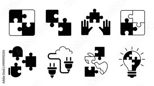 A collection of black and white icons depicts puzzle pieces hands a lightbulb and electrical plugs representing connection and problem solving high quality professional detailed modern