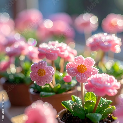 Wallpaper Mural Pink Succulent Flowers with Water Droplets in Pots. Torontodigital.ca