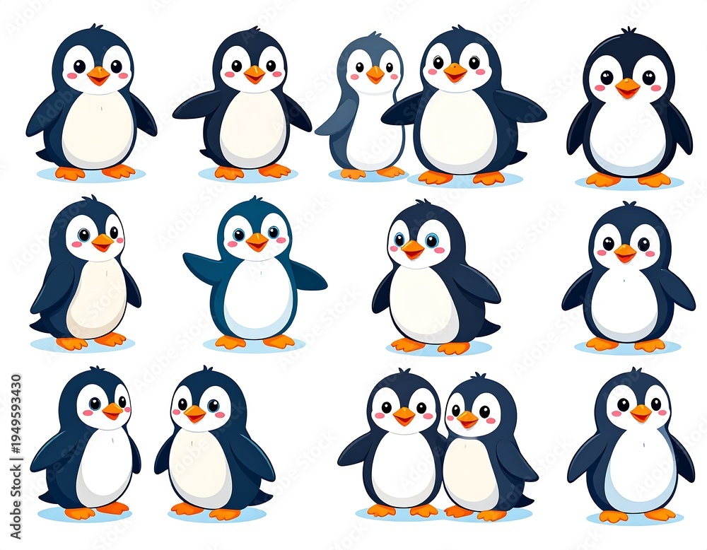 Fototapeta premium Cute cartoon penguins in group formation.