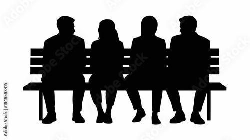 A black silhouette depicts four people sitting closely together on a park bench suggesting companionship and quiet contemplation high quality professional detailed modern elegant stylish clean