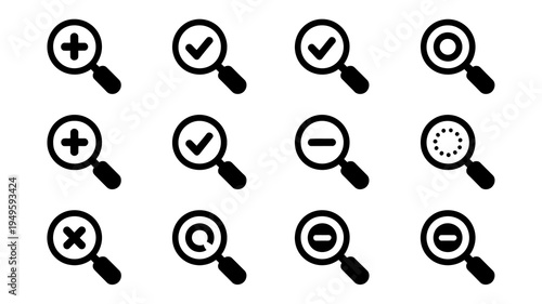 A collection of twelve black magnifying glass icons displaying various symbols including checkmarks crosses and search indicators high quality professional detailed modern elegant stylish clean crisp