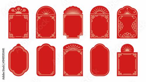 A collection of nine vibrant red frames with intricate traditional east asian inspired ornamental designs and varying shapes high quality professional detailed modern elegant stylish clean
