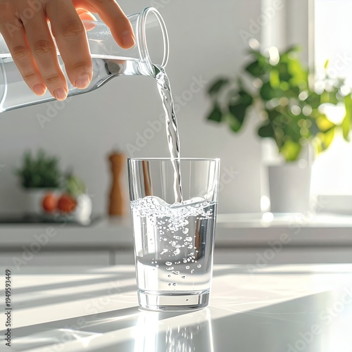 Wallpaper Mural Pouring fresh water into a glass in a bright kitchen, promoting hydration and healthy living. Torontodigital.ca