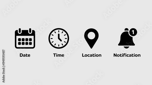 A set of four simple black icons representing a calendar clock location pin and notification bell with labels high quality professional detailed modern elegant stylish clean