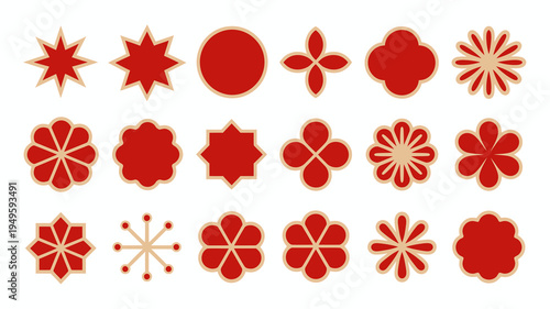 A collection of red ornamental shapes and floral designs are displayed against a clean white background offering a decorative pattern high quality professional detailed modern elegant