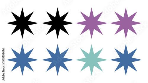 A collection of eight stylized stars in varying colors black purple and shades of blue and green arranged in a grid high quality professional detailed modern