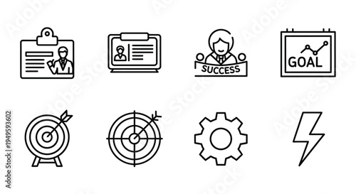 Line art icons representing business goals and professional achievement