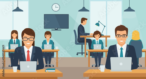 Business Professionals Working on Laptops in Office.