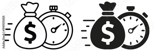 fast loan finance icon with stopwatch and money, professional vector icon depicting urgent cash advance, quick financial service concept, banking speed timer symbol for loan approval, payment support 