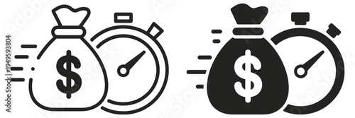 fast loan finance icon with stopwatch and money, professional vector icon depicting urgent cash advance, quick financial service concept, banking speed timer symbol for loan approval, payment support 