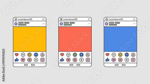Three smartphone mockups are displayed each showcasing a different solid color background with a common navigation bar at the bottom high quality professional detailed modern elegant