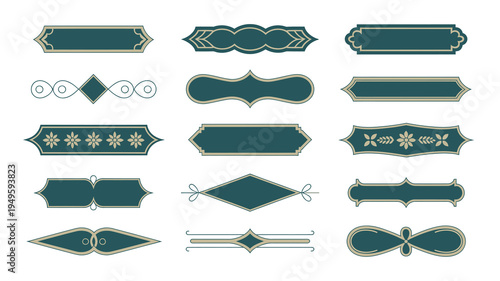 A collection of ornate teal and gold decorative frames ribbons and dividers are displayed on a plain white background high quality professional detailed modern elegant stylish