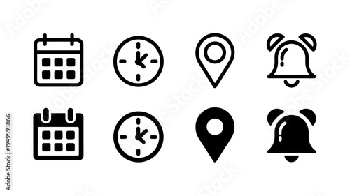 A collection of eight black and white line icons depicts various time and location based elements including calendars clocks and alarms high quality professional detailed modern