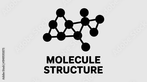 A simplified graphic depicts a molecular structure composed of interconnected black circles against a light gray background with text below high quality professional detailed modern elegant