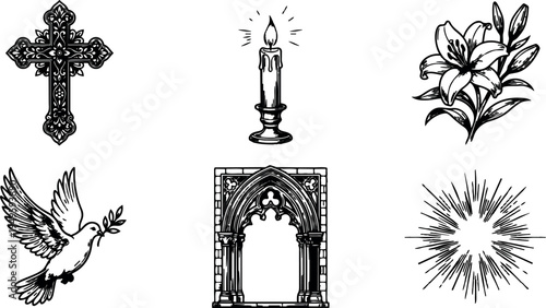 Black and white religious vector art set with ornate cross flying dove candle lily flower gothic arch and radiant burst design elements
