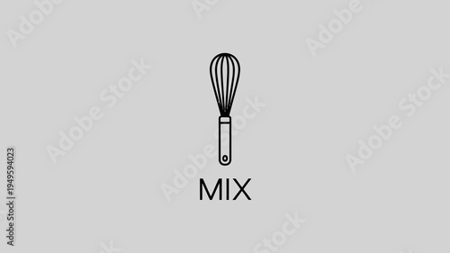 A minimalist line drawing depicts a wire whisk centered on a light gray background with the word mix below it high quality professional detailed modern elegant