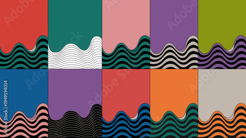 An abstract composition of nine colored rectangles displaying wavy line patterns along the bottom edges creating a vibrant aesthetic high quality professional detailed modern elegant stylish