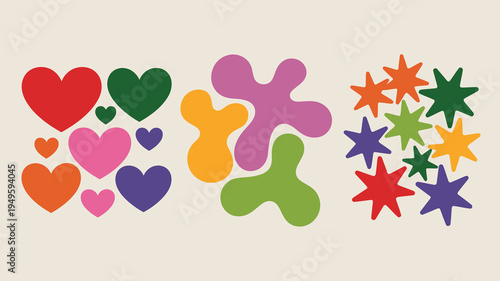 A vibrant collection of colorful abstract shapes including hearts and stars is displayed against a pale neutral background high quality professional detailed modern elegant stylish clean